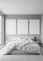 Modern Minimalist Bedroom with Three Blank Frames. Frame Mockup in Contemporary Bedroom Interior. Stylish Bedroom with Mockup Frames Above the Bed. Serene Bedroom in Neutral Palette and Blank Artwork