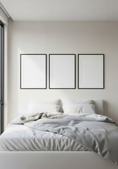 Modern Minimalist Bedroom with three Blank Frames. Poster Mockup in Contemporary Bedroom Interior. Stylish Bedroom with Mockup Frames Above the Bed. Serene Bedroom in Neutral Palette and Blank Artwork