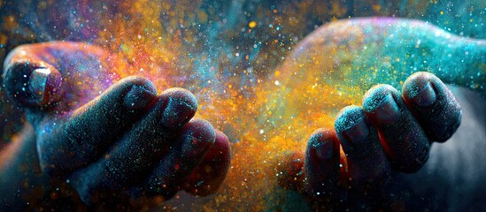 Colorful powder swirling in hands, dark background, magical cosmic effect, for fantasy or spirituality