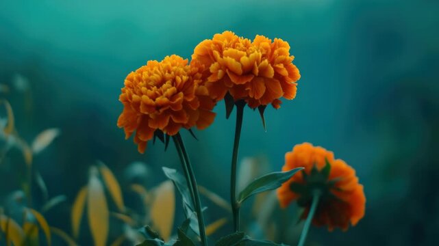 Two bright orange marigold flowers, one on each side of the , with green foliage and a soft background blur.