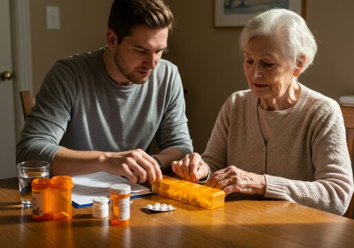 Caring grandson helps grandmother organize weekly medication. Caregiver assists elderly woman with medication management. Concept of responsibility, assisted living, managing chronic health condition - Powered by Adobe