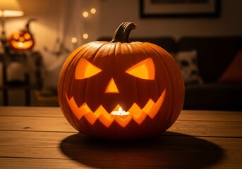 Halloween glowing Jack-o'-lantern with a sinister carved face, candles. Traditional spooky spirit of a Halloween celebration at home