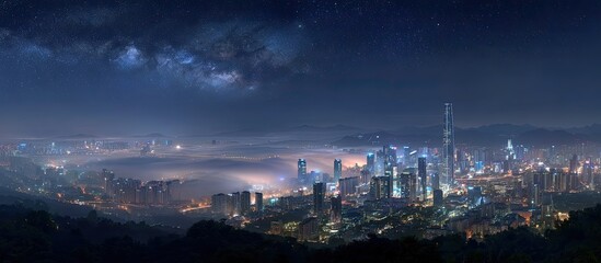 Fototapeta premium Night Cityscape Milky Way over Foggy Metropolis