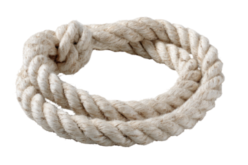 Close-up of a thick, light beige rope in a circular, interwoven loop