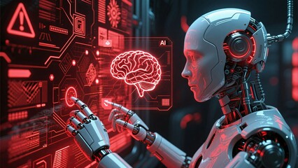 Crisis mode AI control background with smart robot and malfunctioning neural interface