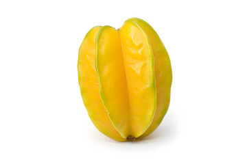Yellow star fruit with green edges on white background