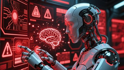 Brain-computer interface error background illustration with robot triggering alert protocols