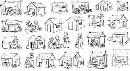 Hand-drawn collection of simple homes, tents, and makeshift shelters, featuring people and families engaging in daily activities, depicting themes of basic living and potential hardship.