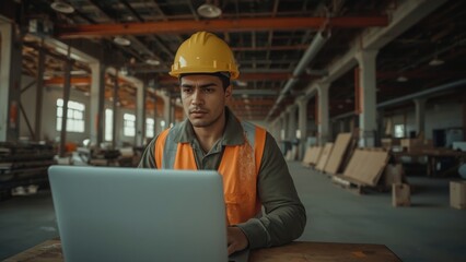 Focused construction worker intently studying a laptop screen in a warehouse setting