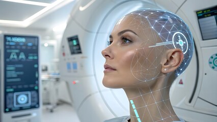 Model forehead with skin scanner projection overlay, med‑beauty concept