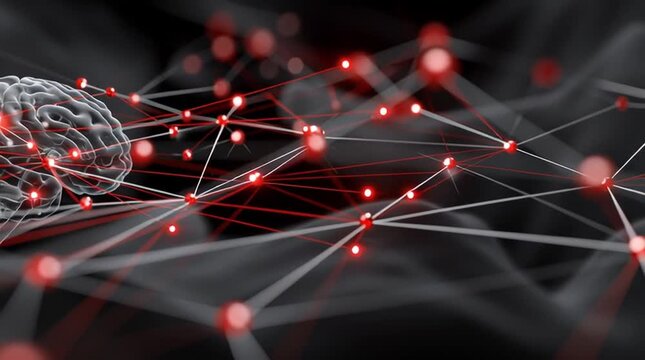 Edge data center. 3D brain with neural network connections and red nodes.