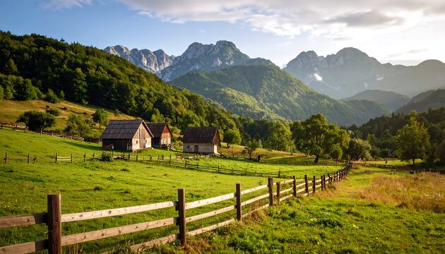 Idyllic mountain landscape with wooden houses, lush meadows, and stunning mountain range