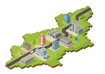 Isometric with high-rise buildings, warehouses, factories and highways