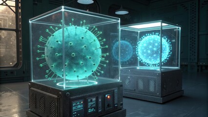 Glowing futuristic virus models in display cases