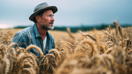 A farmer in a wheat field wearing a hat and blue plaid shirt looking to the distance