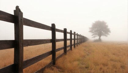 Obraz premium Tranquil scene of lone tree and wooden fence under overcast sky in a peaceful landscape.