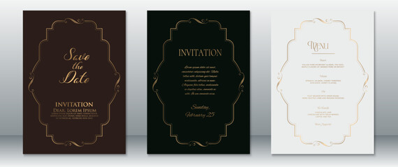 Vintage-inspired wedding invitation set featuring an ornate gold frame with curled details on dark brown, deep green, and white backgrounds. Includes Save the Date, Invitation, and Menu designs.