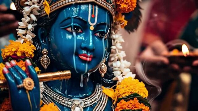 Devotional Statue Decorated With Flowers Holding Flute With Gentle Flame Ceremony - Powered by Adobe