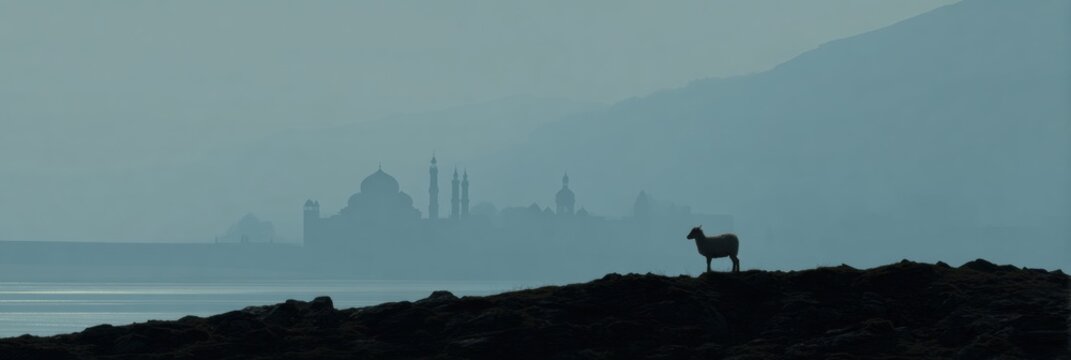 Royal Welsh Show High-Quality Ram Silhouette with Mosque Architecture at Evening for Eid Al Adha and Summer Festival Marketing Campaigns