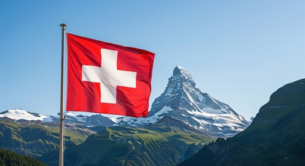 Swiss Flag Waving with Matterhorn Mountain Peak in Background, Clear Blue Sky
