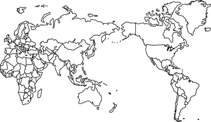 Black outline of world map centered on Pacific Ocean, showing all continents with minimal design and no labels, perfect for global visual content.   © USWATUN