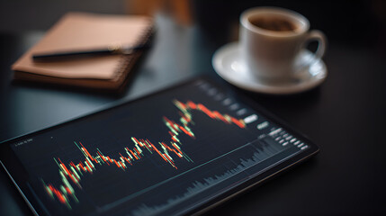 Stock market data displaying on tablet screen with coffee and notebook