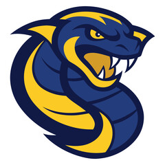 Aggressive blue and yellow serpent mascot with fangs and open mouth