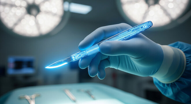 Innovative surgical scalpel with futuristic digital circuit design held by gloved hand in operating room - Powered by Adobe