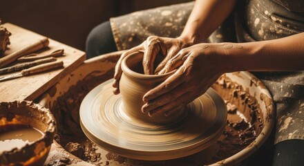 Skilled hands shaping clay on a spinning pottery wheel creating a beautiful ceramic pot