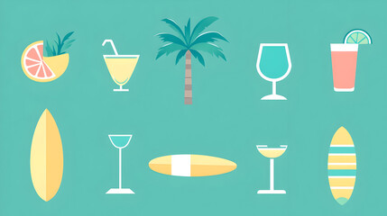 Summer drinks and beach objects flat design illustration