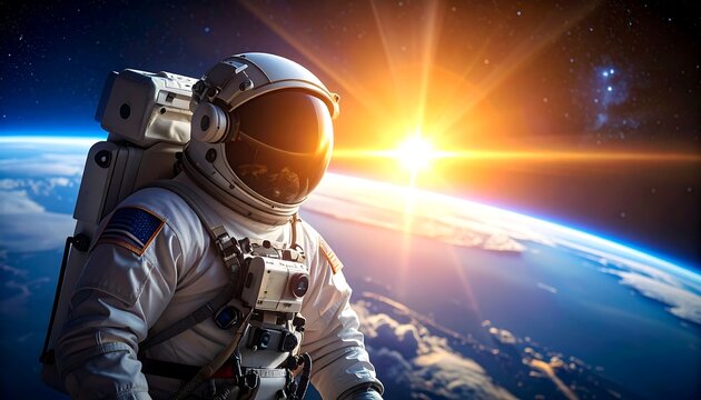 Astronaut in spacesuit overlooking Earth's horizon during a sunrise