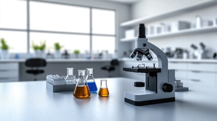 Microscope and Beakers in a Lab
