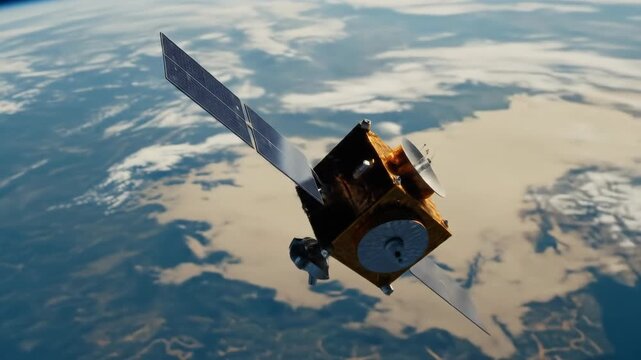 Gold Cube Satellite Orbiting Earth: High Altitude Aerial View