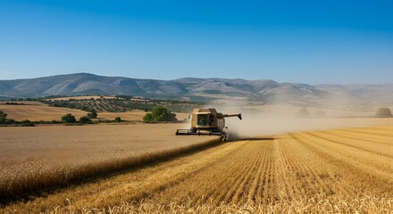 Red Harvester in Golden Wheat, Quiet Harvest Day Calm, Black Tires and Glass Cabin Shine, Earthy Farmland Horizon, Soft Light on Rural Machinery