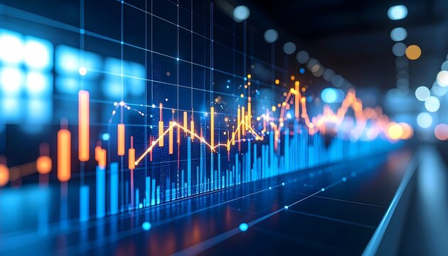 Abstract financial data visualization with rising and falling graphs displayed on a digital screen - Powered by Adobe