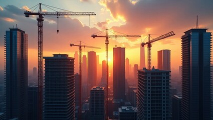 Urban Development and Construction Cranes Against a Sunset Sky