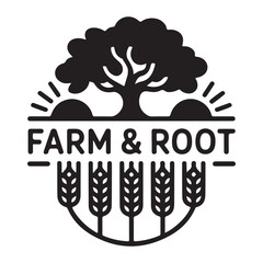 Farm and root logo a rustic emblem featuring a tree sun and wheat stalks symbolizing agriculture and growth