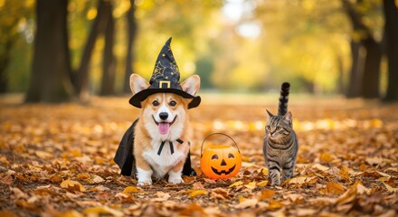 Corgi dog in witch hat and tabby cat with pumpkin in autumn park fall
