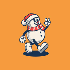 Snowman groovy cartoon character. Merry Christmas and Happy New Year collection. Retro, icon, snow, illustration, vector, sticker, 70's, mascot, editable, funny, holiday