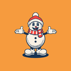 Snowman groovy cartoon character. Merry Christmas and Happy New Year collection. Retro, icon, snow, illustration, vector, sticker, 70's, mascot, editable, funny, holiday