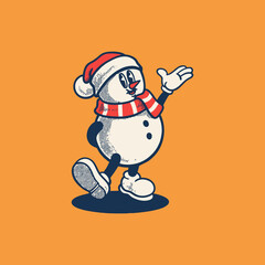 Snowman groovy cartoon character. Merry Christmas and Happy New Year collection. Retro, icon, snow, illustration, vector, sticker, 70's, mascot, editable, funny, holiday