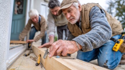 Medium shot of volunteer adjusting doorway ramp edges main focus on hands securing ramp screws with outoffocus elderly homeowner and supportive team offering guidance in