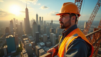 Construction worker looking over a city skyline at sunrise with a crane in the background