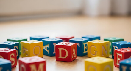 A vibrant collection of colorful wooden alphabet blocks arranged on a floor, symbolizing early childhood learning and playful education.