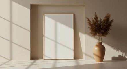 Calm Sun-Drenched Interior with Cream Wall, Matte-Gold Brushed-Oak Poster Frame, Late-Afternoon Sunlight and Palm-Frond Shadow, Crisp Vertical Drop Shadow Accent, Soft Airy Boho-Minimalist Atmosphere.