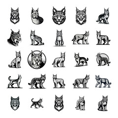 Naklejka premium Set stylized lynx illustrations in black and white, each with unique line work and poses, showcasing the animal's distinctive features.