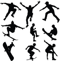 Black silhouettes of skateboarders performing various tricks 1