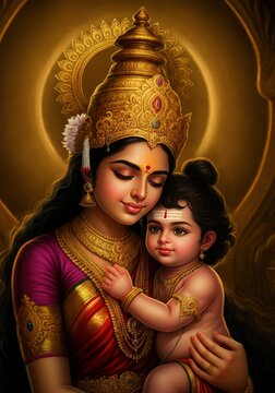 A tender portrayal of goddess parvati embracing her child, showcasing divine love and grace in a spiritual context