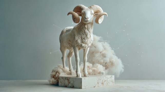 Premium Modern Aries Ram Sculpture with Zodiac Constellation Engravings for Astrology Marketing and Inspirational Social Media Content