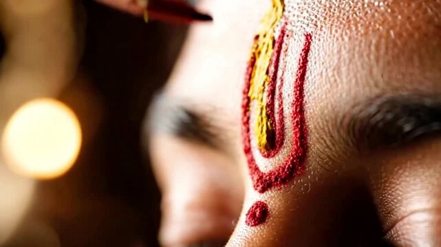 Artist Applying Red Pigment on Forehead with Fine Brush Close Up